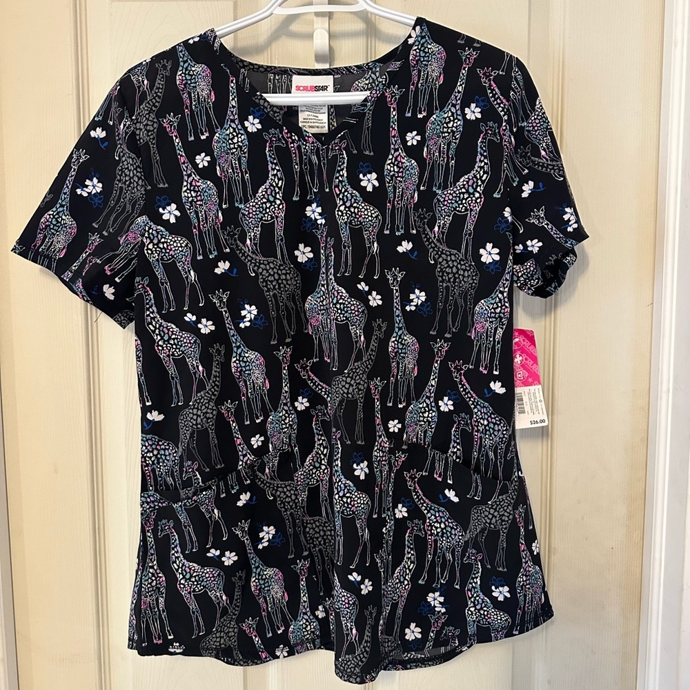 Scrubstar Black Scrub Top with Multicolor Giraffe Print